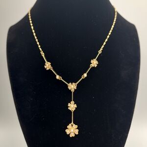 Vintage Avon Gold Tone Floral Y Necklace | Faux Pearl Drop Statement